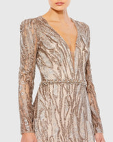 Beige Embellished Long Sleeve Plunge Neck Trumpet Gown